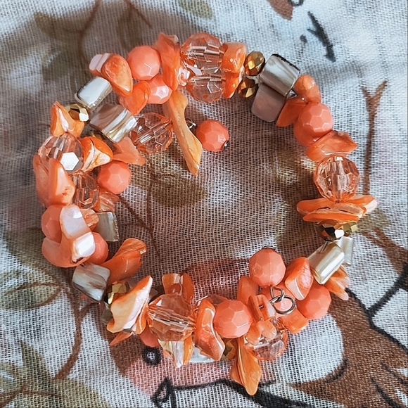 Faceted Glass Beaded Stone Memory Wire Bracelet Fiery Blazing Orange & Red EUC - Picture 12 of 14